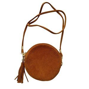 NWOT Forever 21 Small Brown Suede Round Circle Zip Crossbody Tassel Bag